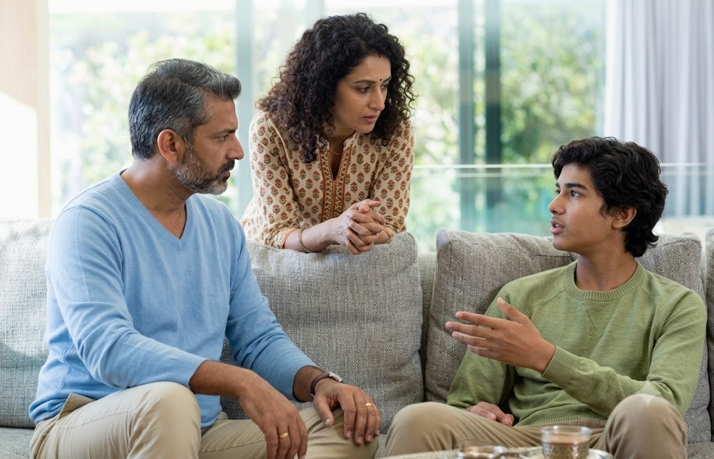 A mother and her teenage son sitting together in a calm conversation by a window