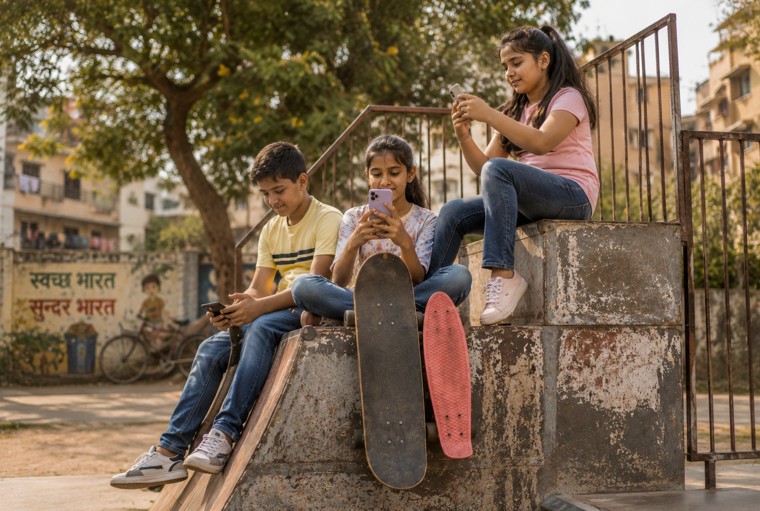 Three children sitting together outdoors, each absorbed in a smartphone