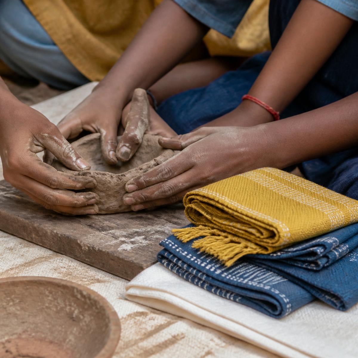 Children's hands shaping clay and sorting textiles